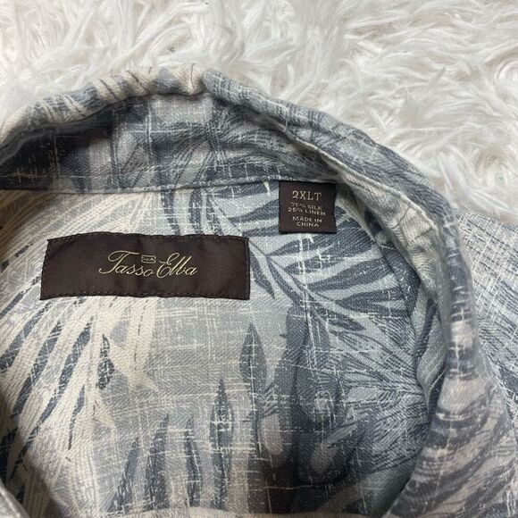 Tasso Elba Silk Linen Shirt Palm Beachy Mens 2XL Tall Blue White Short Sleeve Ha - Picture 3 of 7